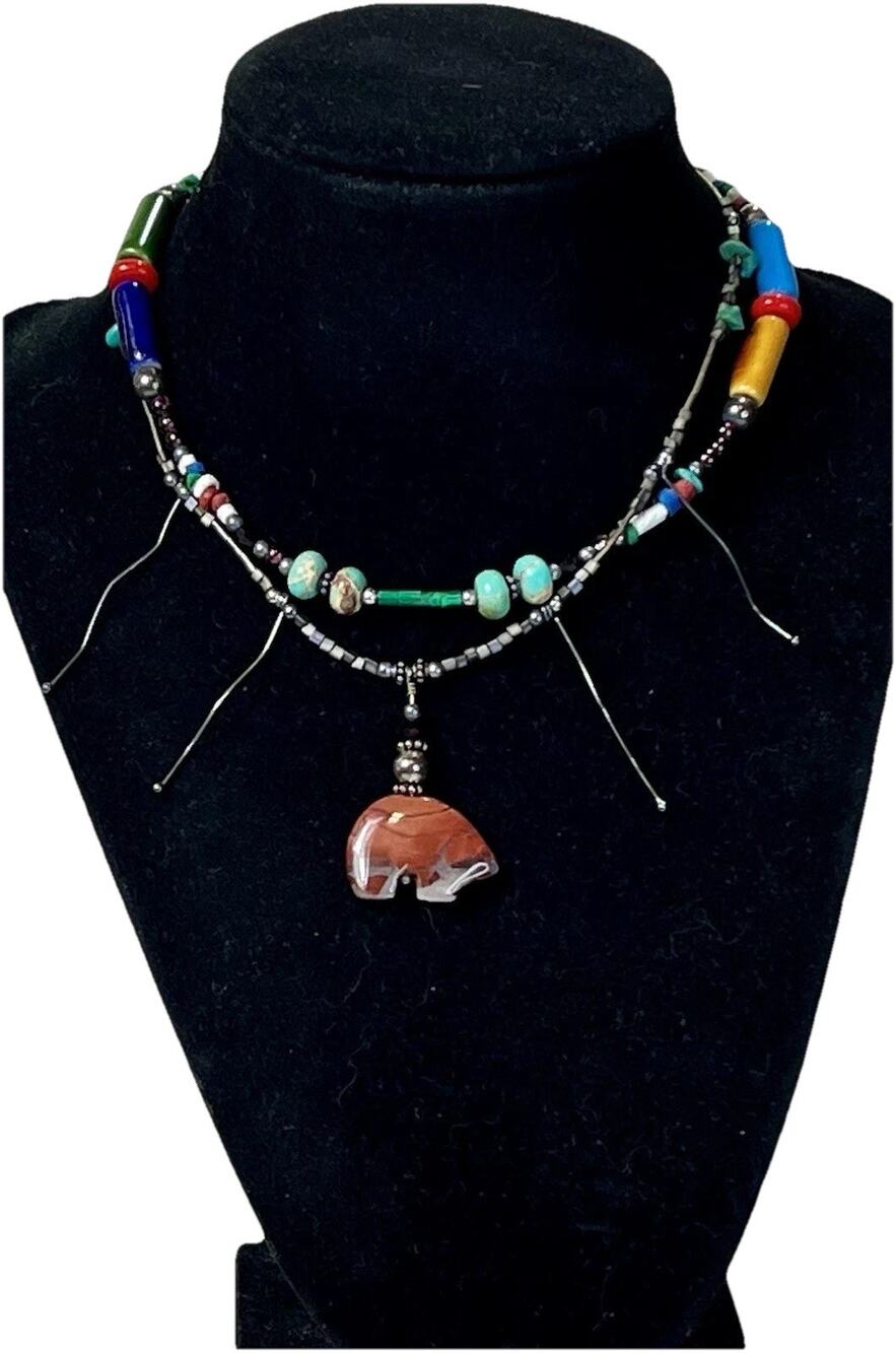 Brecciated Jasper Bear Fetish Beaded Necklace Sterling Silver Heishi Turquoise